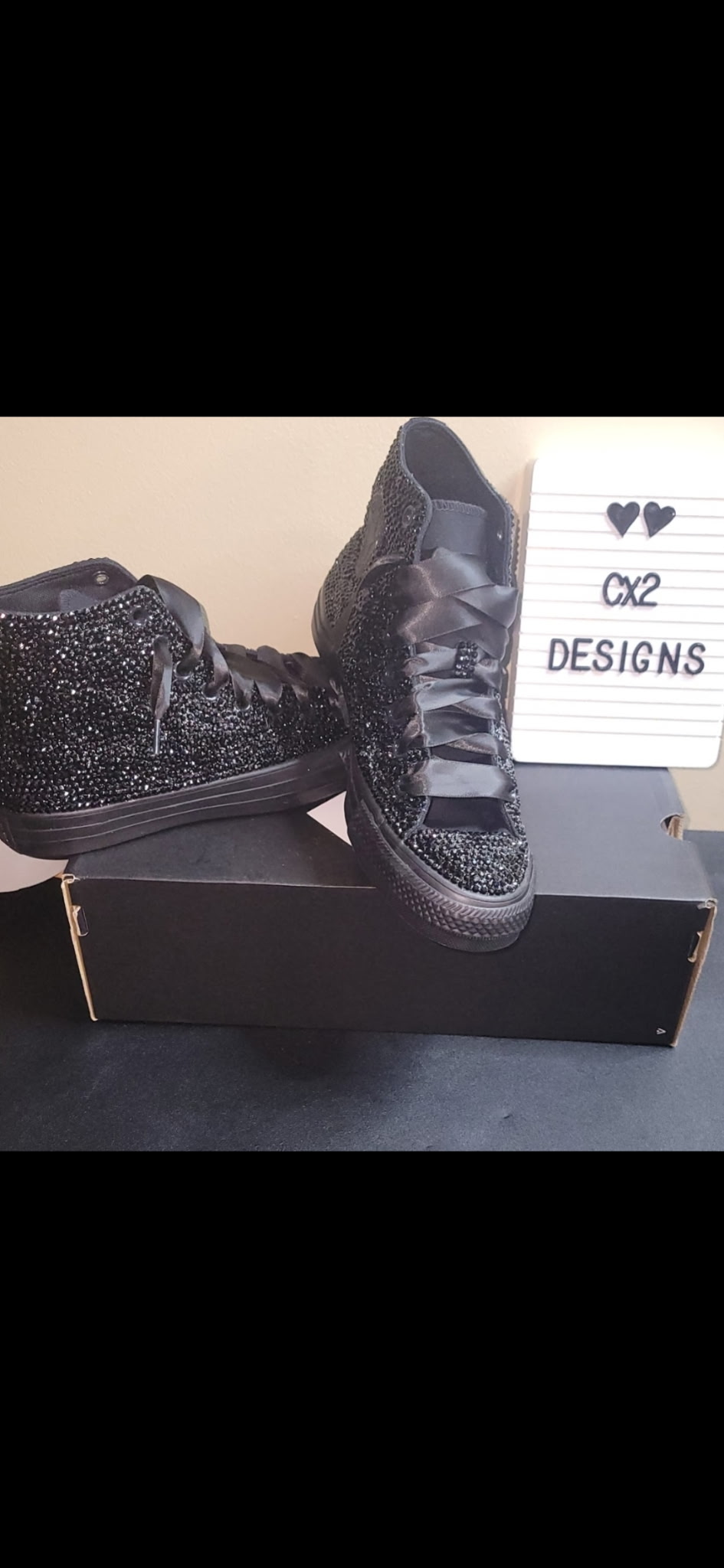 Black rhinestone high-top shoes customized by Cx² Designs