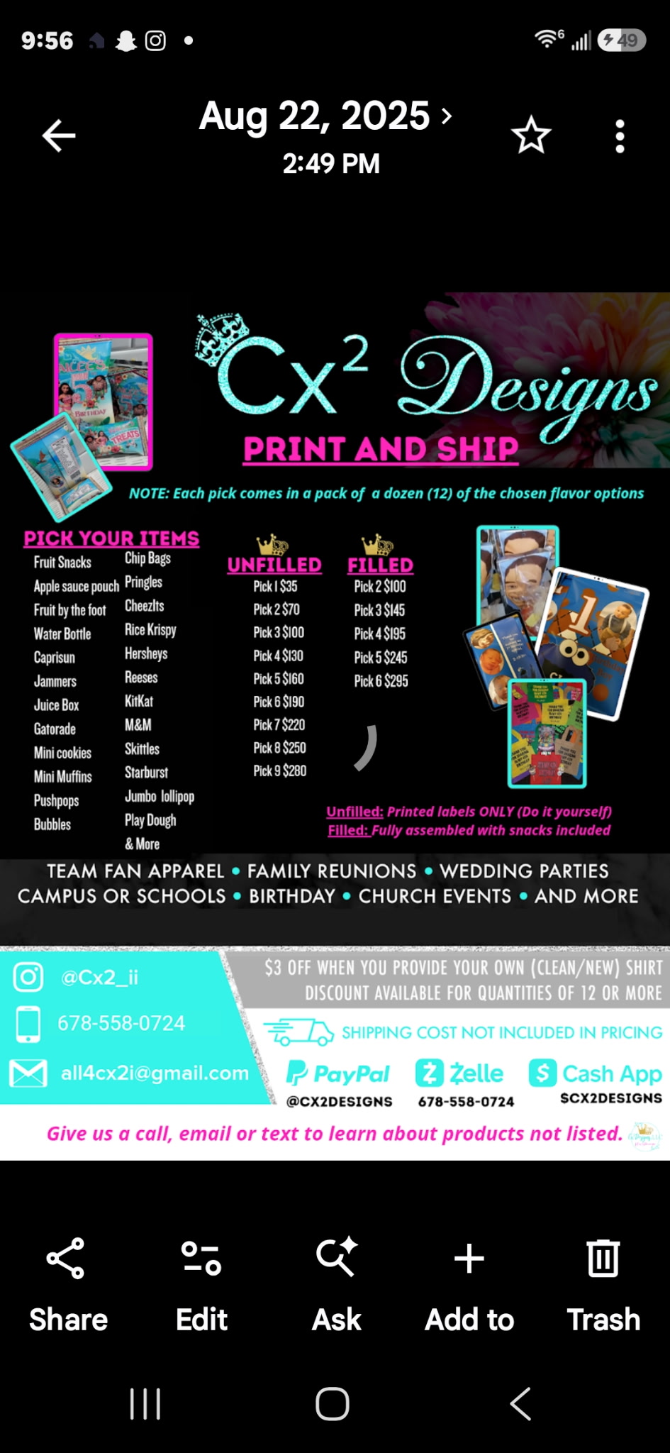 Cx² Designs Print and Ship party-pack pricing flyer